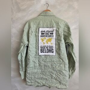 Men's Linen Long Sleeve Green Button Down Adventure Patch Top Sz M